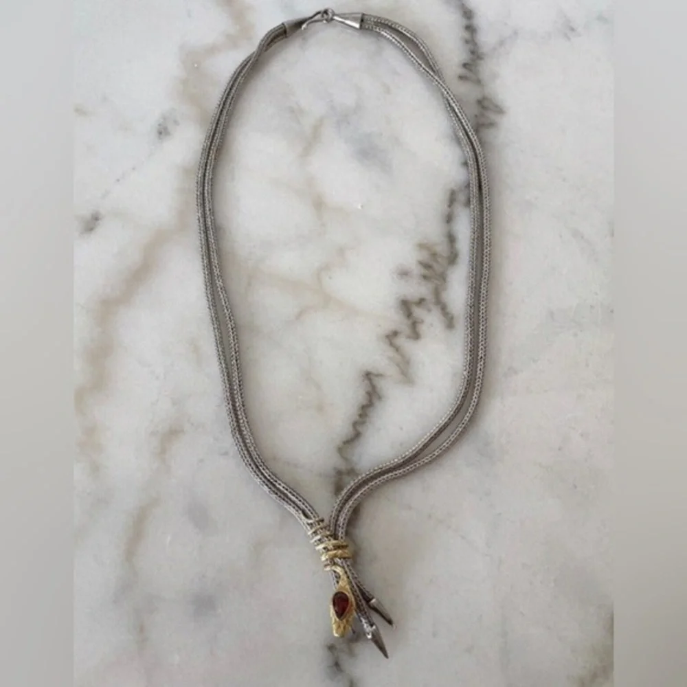 Handcrafted Bali Spiral Snake Necklace-Sterling Silver, Garnet & 22K Gold Accent